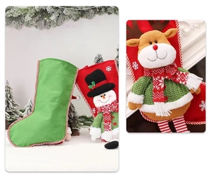 Detail of Christmas stocking with 3D cartoon characters and knitted stripe edge