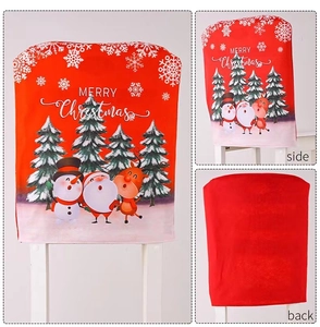 Three-way view of red Merry Christmas chair covers with festive holiday illustrations