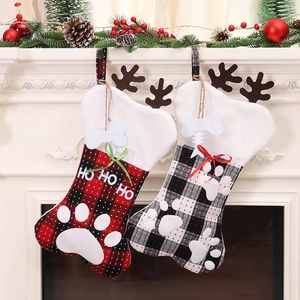 Plaid Bone Shape Christmas Stocking With Reindeer Antlers Paw Print Pet Themed Hanging Xmas Decoration For Home Party
