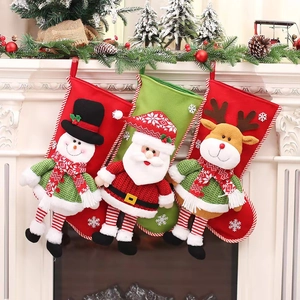 3D Cartoon Christmas Stocking Long Leg Santa Snowman Reindeer Fireplace Hanging Decoration Fabric Knitting Holiday Gift Bag