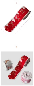 Detail showing Christmas reindeer ribbon with furry edges and tree patterns, size 7cm x 500cm