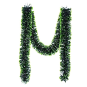 Close-up of black and neon green tinsel garland with a reflective metallic texture