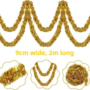 Close-up of golden Christmas tinsel garland showing 9cm width and 2m length details