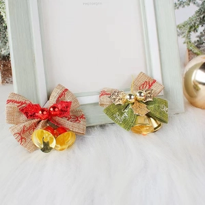 Linen Christmas bow decorations with bells and Merry Christmas print for tree decor