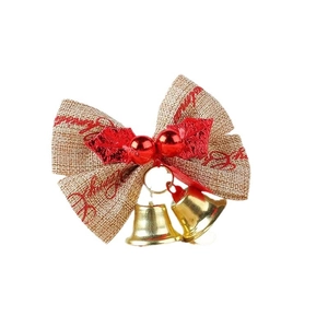 Linen Christmas bow with golden bells, red holly leaves and berries for tree decoration