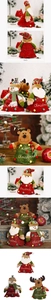 Front, side and back views of festive Christmas plush dolls with embroidery details