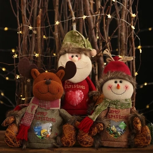 Christmas Linen Candy Bag With Santa Snowman Reindeer Doll Transparent Heart Window Festive Gift Bag For Xmas Decoration