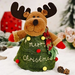 Christmas reindeer plush toy in green tree outfit with Merry Christmas embroidery