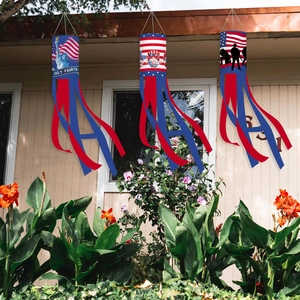 Set of 3 Independence Day windsocks with patriotic gnomes and US flag designs
