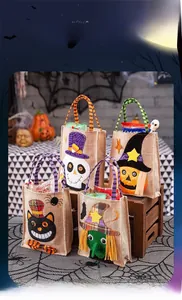 Set of burlap Halloween candy bags featuring skull, pumpkin, cat and witch applique designs