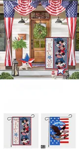 Macro view of American Independence Day garden flags featuring eagle and gnome designs