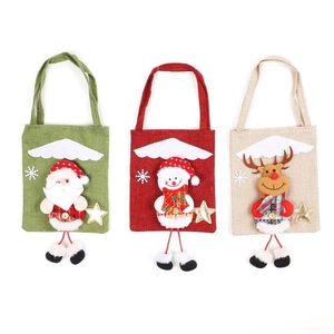 Three-piece Christmas linen gift bags with plush Santa, snowman, and reindeer figures