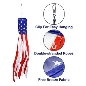 Close-up of American flag windsock detailing metal hooks and durable nylon fabric