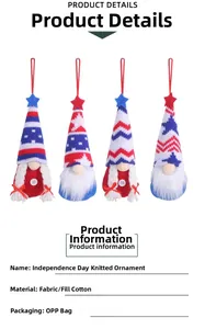 Detail of four Independence Day gnomes with stars, stripes, and knitted hats decorations