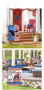 Patriotic July 4th garden flags featuring eagle and gnome designs for yard decor