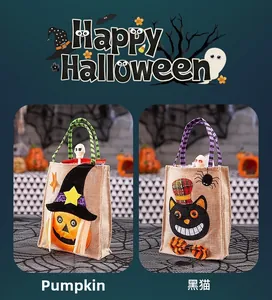 Detail of Halloween burlap gift bags featuring pumpkin wizard and black cat embroidery