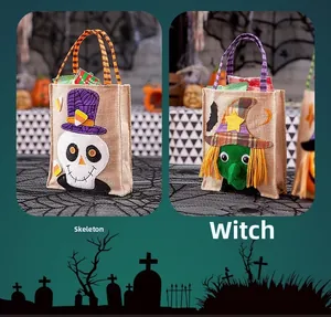Detail of Halloween burlap treat bags with cartoon skull and witch applique designs