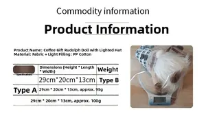 Detailed technical specifications for coffee gnome plush with light and fabric dimensions