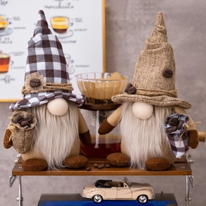 Pair of coffee-themed gnomes with burlap hats and coffee bean bags for home decor