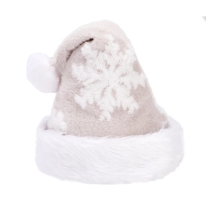 Detail of plush grey Christmas hat with white snowflake patterns and soft faux fur trim