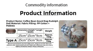 Size chart showing dimensions and weight of gnome doll holding coffee bean burlap bag
