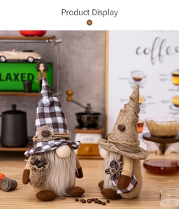 Detail view of coffee gnomes featuring burlap hats, white beards, and coffee bean accents