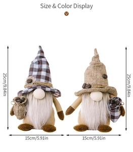 Detailed view showing dimensions of two handmade coffee gnomes with burlap bean bags