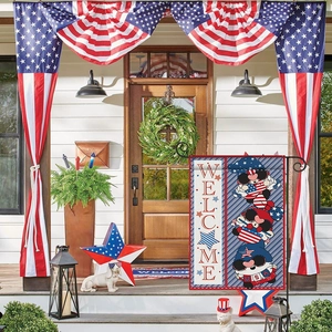 Patriotic USA Independence Day garden flag with three gnomes and welcome text