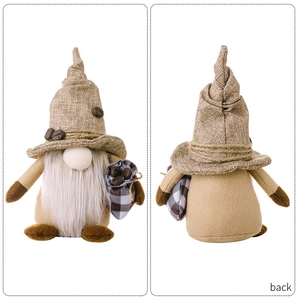 Front and back view of a coffee-themed plush gnome with burlap hat and checkered bag