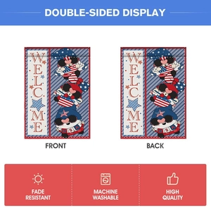 Double-sided Independence Day garden flag with patriotic gnomes and Welcome text