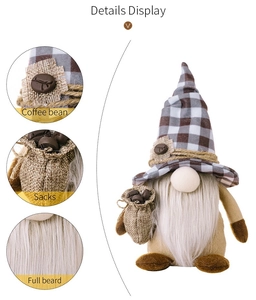 Detail view of coffee gnome featuring felt beard, coffee bean decor and mini sack