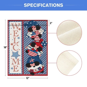 Patriotic July 4th garden flag with gnomes, Welcome text and 12x18 inch specifications