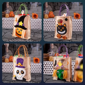 Halloween burlap gift bags set featuring cartoon pumpkin, witch, black cat and skull