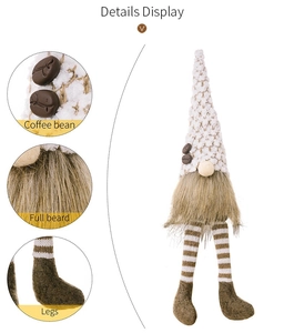 Detail view of coffee gnome showing knitted hat, plush beard, and long striped legs