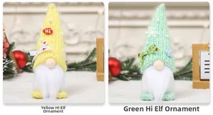 Detail of knit Christmas gnomes in yellow and green with plush beards and snowflakes