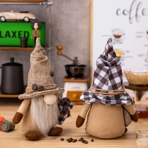 Charming coffee gnomes plush decor with burlap hats and white beards in a cozy cafe setting