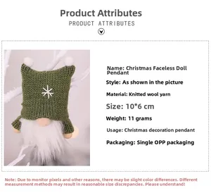 Detail view of a 10x6cm green knitted Christmas gnome pendant with white beard and snowflake cap