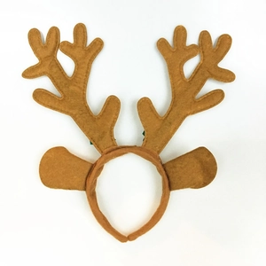 Brown plush Christmas reindeer antler headband with festive ears and bell accents