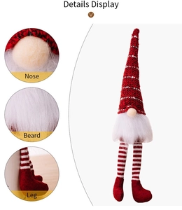 Detail showing the plush nose, faux fur beard, and striped knitted legs of the Christmas gnome
