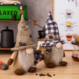 Handmade coffee gnome plush set with burlap hats and beans for home cafe kitchen decor