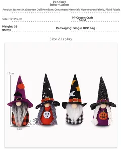 Dettaglio delle figure di gnomi di Halloween viola e arancioni con dimensioni 17x6x5 cm