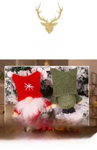 Close-up of wool knitted Christmas gnomes with white plush beards and hanging ropes