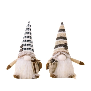 Set of two glowing Christmas coffee gnomes with knitted hats and white faux fur beards