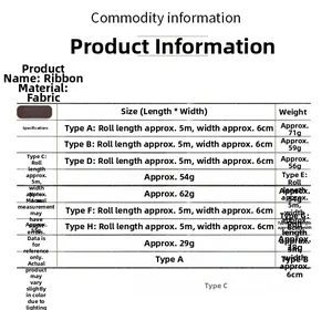 Size chart for 5m Christmas burlap ribbons showing dimensions and weights of various patterns