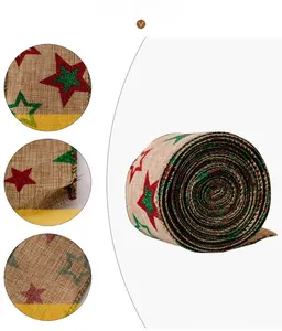 Detail display of Christmas burlap ribbon with gold stars pattern and wired edges