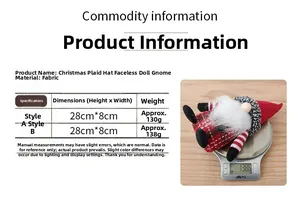 Detailed size and weight measurement of the Christmas gnome doll with red plaid hat