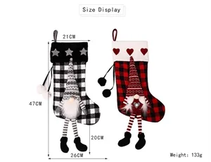 Christmas buffalo plaid stockings set with gnome plush figures and size labels
