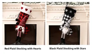 Detail of buffalo plaid Christmas stockings with plush gnomes and long dangling legs