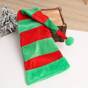 Long red and green striped Christmas elf hat with plush brim and pom-pom for parties