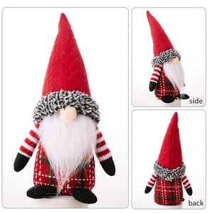 Detailed views of a plush Christmas gnome ornament with red plaid body and knitted hat